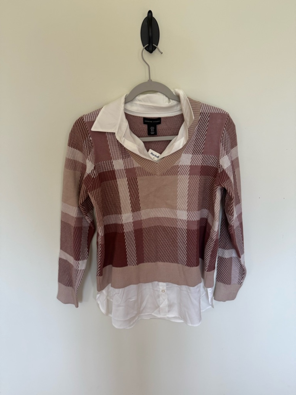 Adrienne Vittadini Dusty Rose Plaid Sweater with Faux Shirt Trim